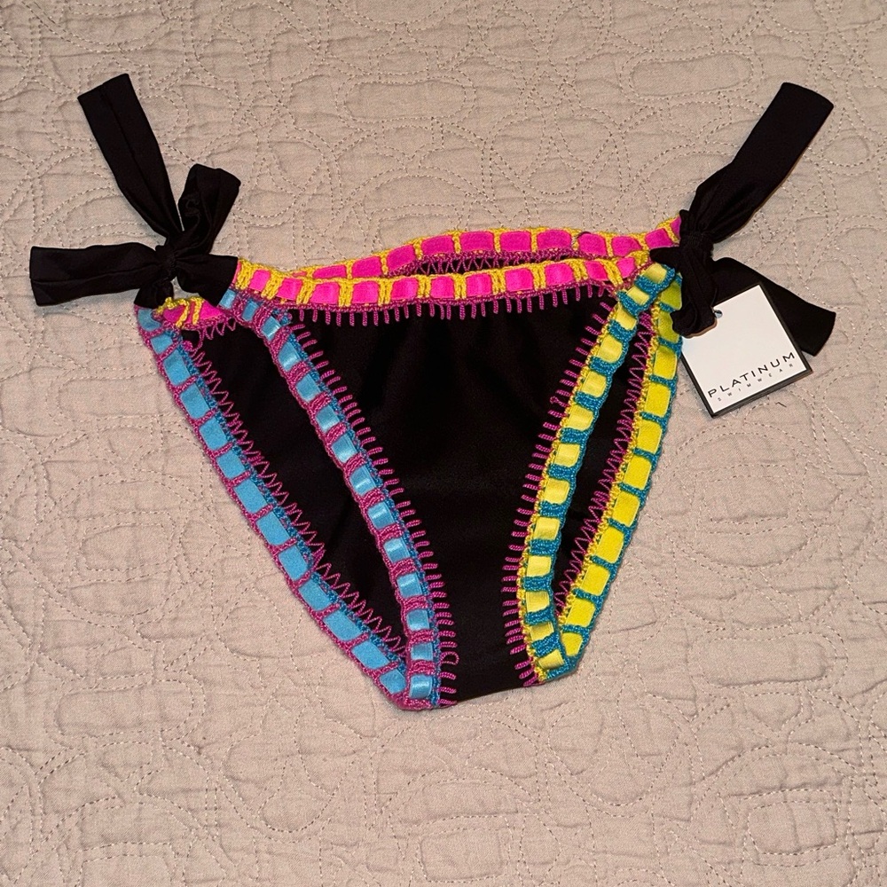 PQ PILYQ PLATINUM SWIMWEAR BLACK CROCHET TRIM TIE FULL BIKINI BOTTOM NWT